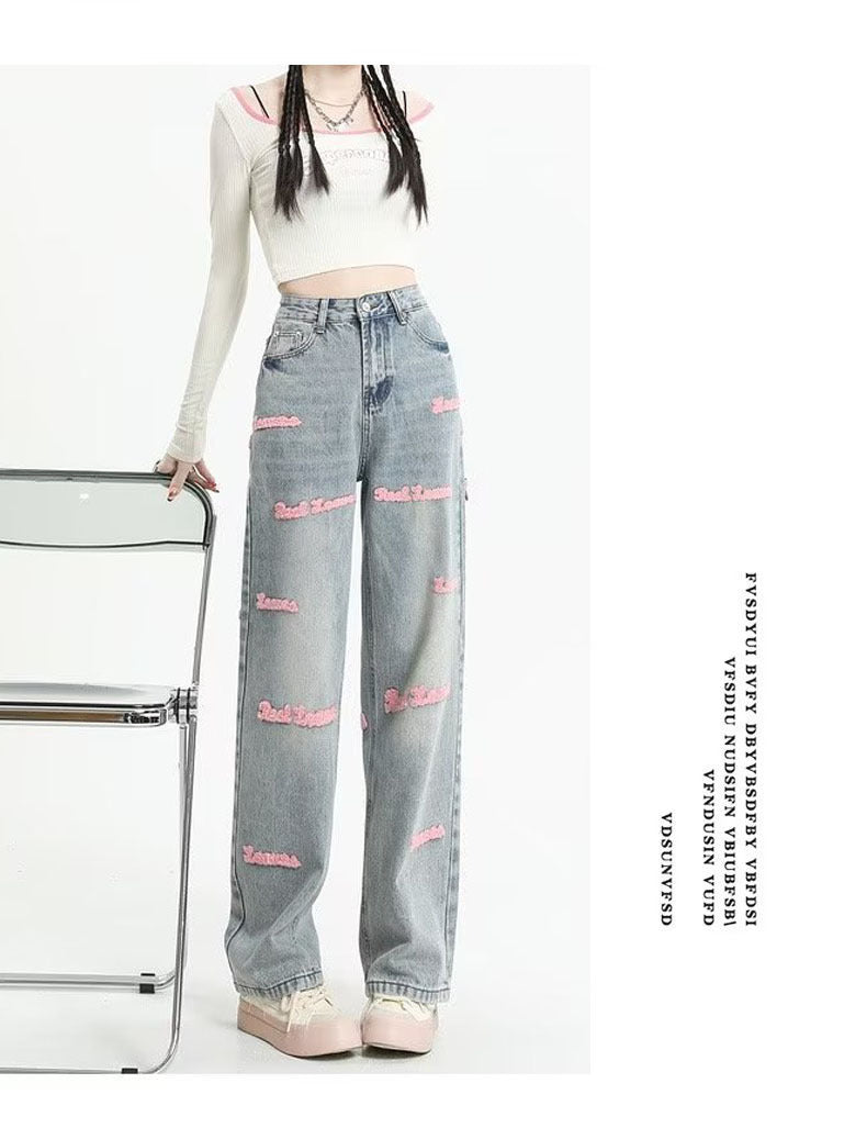 Letter Embroidered Straight Jeans Design