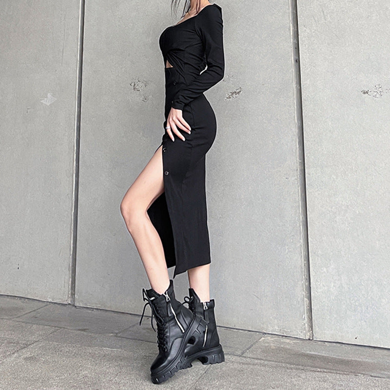 Slit-Breasted Knit Long Dress Women's Fashion