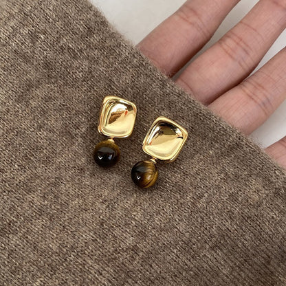 Retro Autumn And Winter Maillard Square Caramel Tigereye Stud Earrings