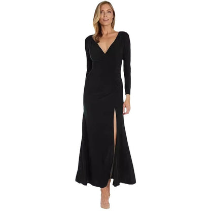 Skinny V-neck Pleated Long Sleeve Dress