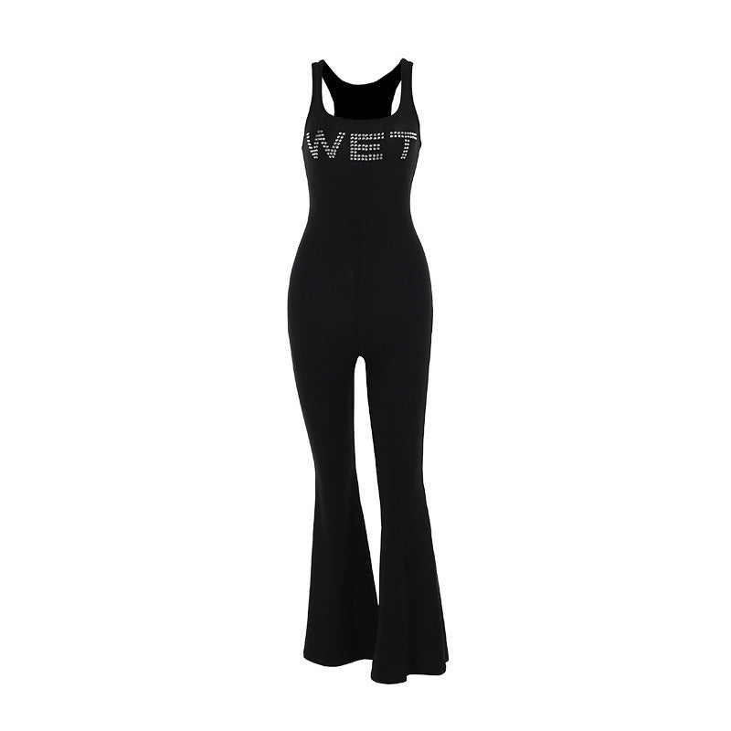 Street Casual Slim-fit Letters Rhinestone Vest Type Jumpsuit