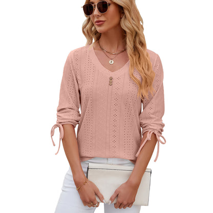 Button V-neck Solid Color Half Sleeves Loose-fitting T-shirt Top