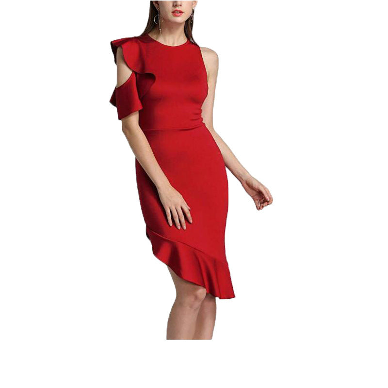 Women's Clothing Autumn And Winter New Evening Dress Off-the-shoulder Ruffled Dress