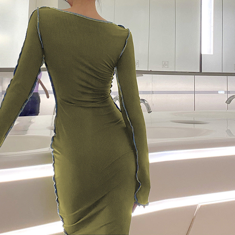 Round Neck Long Sleeve Hip Wrap Slim Dress