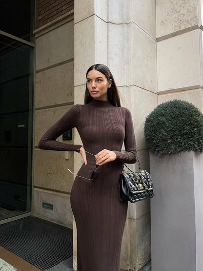 Knitted Turtleneck Tight Style Elegant Bottoming Striped Dress Sweater