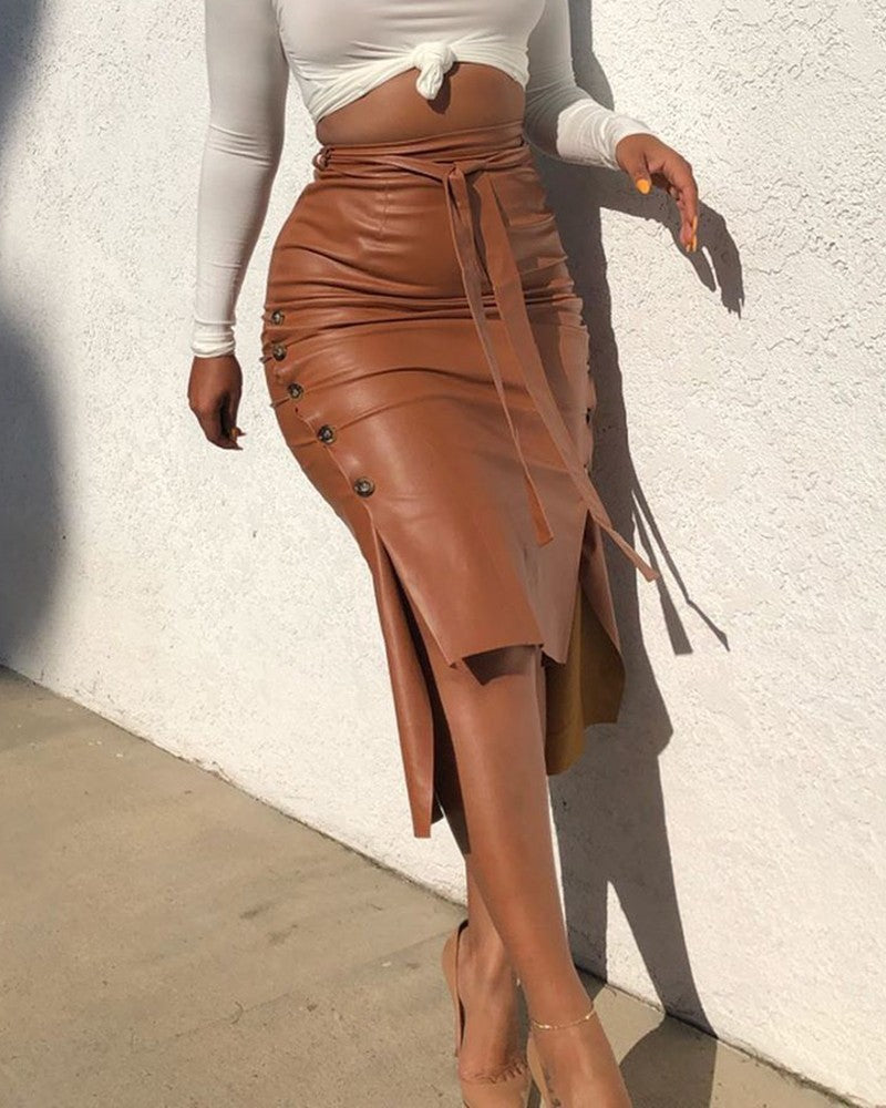 Slim Mid-length Leather Skirt With Split Hips