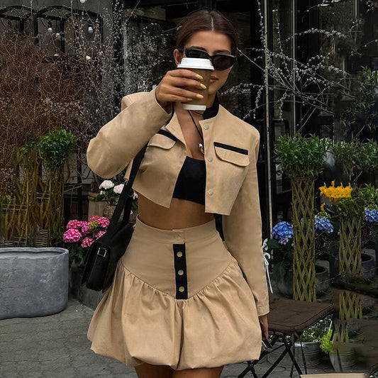 Autumn Commuter Professional Bud Skirt Suit Fashion Colorblock Coat Short Skirt Two-piece Set