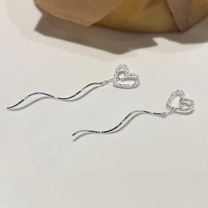 Sterling Silver Hollow Heart Wavy Ear Threads Female Niche Design