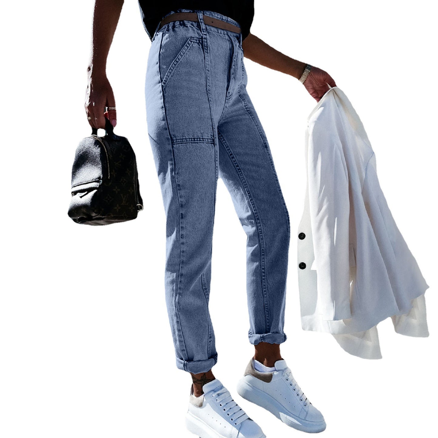 Casual High-waisted Water-washed Jeans With Small Feet