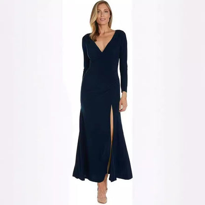 Skinny V-neck Pleated Long Sleeve Dress