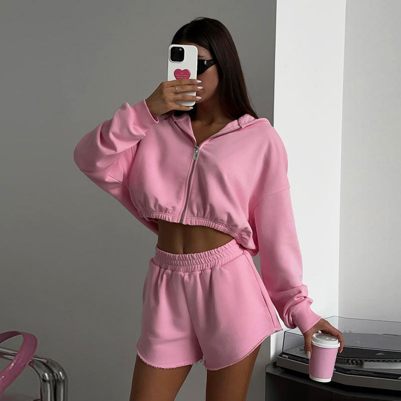 Female Autumn Leisure Fleece And Shorts Suit