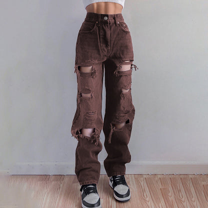 Asymmetrical Hole High-rise Buttocks Straight-leg Casual Jeans