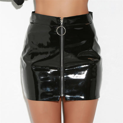 Ring Zipper Short Skirt High Quality Bright Leather PU Slim Skirt