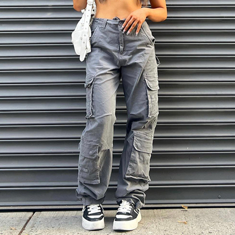 Multi-pocket Gray Straight Loose Jeans Look Slim