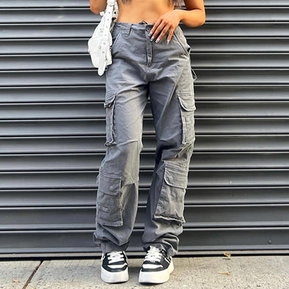 Multi-pocket Gray Straight Loose Jeans Look Slim