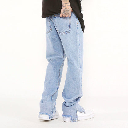 Solid Color Washed Raw Edge Jeans Men