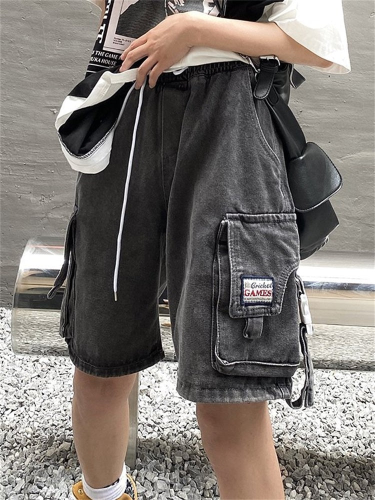 Vintage High Street Work Casual Loose Straight Pockets Denim Shorts