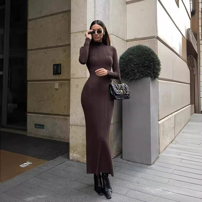 Knitted Turtleneck Tight Style Elegant Bottoming Striped Dress Sweater