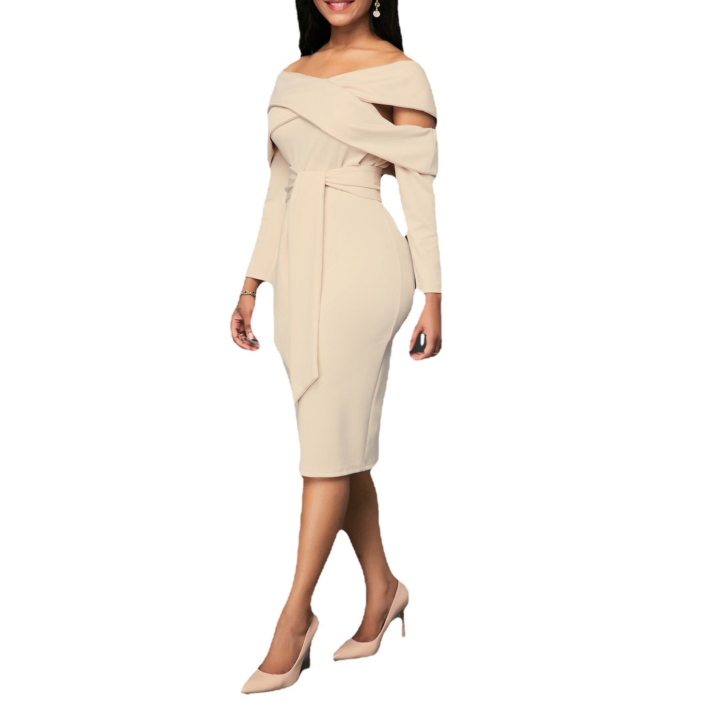 Slim Fit One-Line Neck Long Sleeve Dress