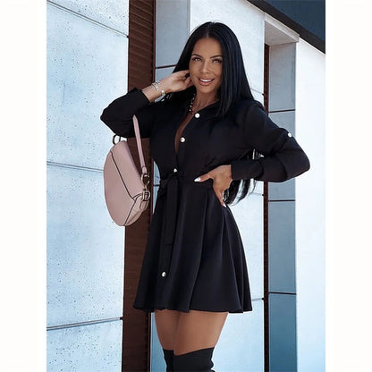 Beauty Lapel Button Lace Up Dress