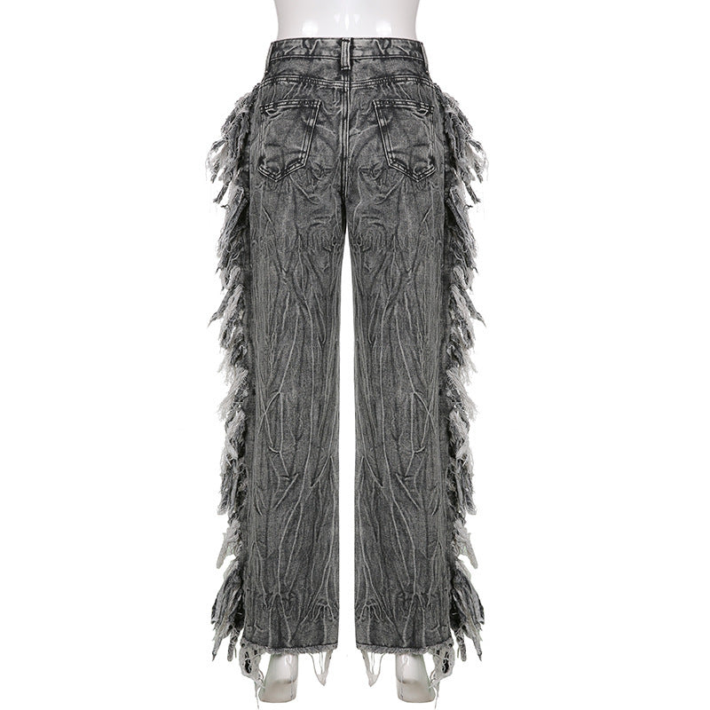 Fashion Ladies Gray Raw Edge Tie-Dye Jeans