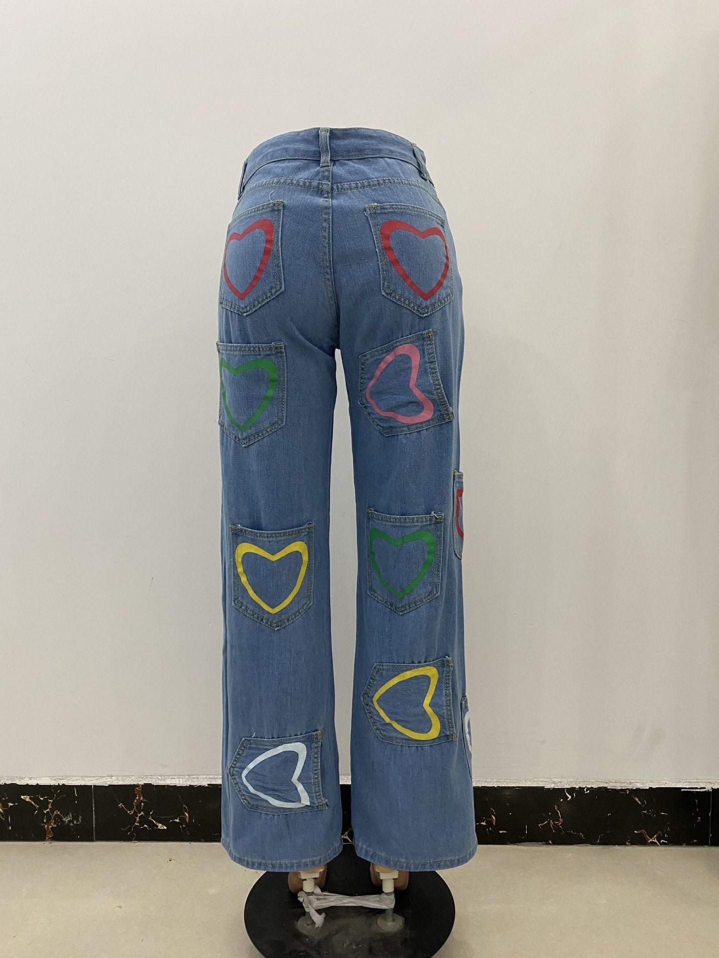 Multi-pocket Colorful Heart Print Jeans Women's Flared Pants