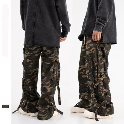 American Retro Elastic Waist Drawstring Camouflage Cargo Pants Couple Street Fashion Ribbon Straight