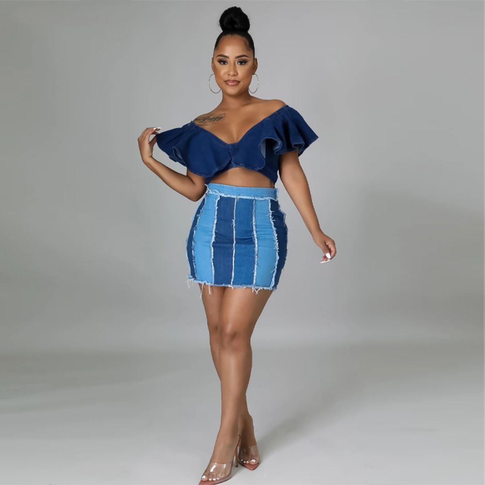 Design Sense Patchwork Washed Pleated Belt Denim Skirt