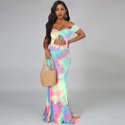 Off-shoulder Navel Tie-dyed Dress