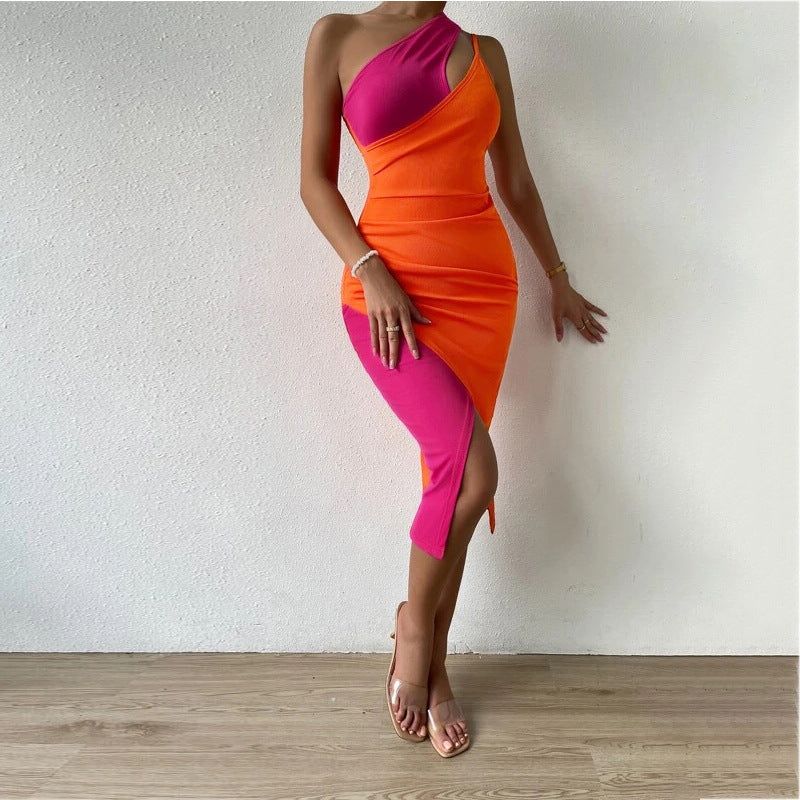 Irregular Splicing Dress Slanted Shoulder Slit