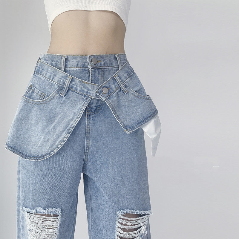 Fried Street American Hot Girl Crossover Jeans Women's High Waist Loose