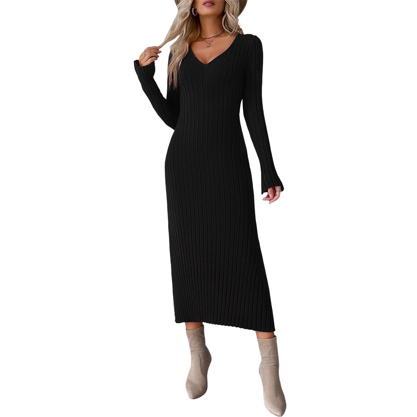 Women's Elegant V-neck Long Sleeve Woolen Dress