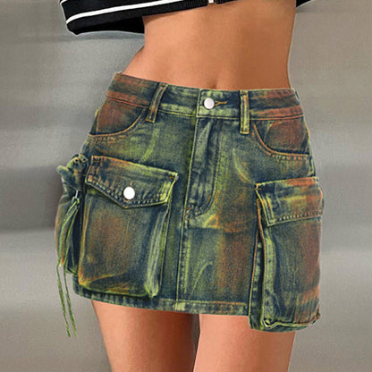 Contrast Washing Tooling Denim Skirt