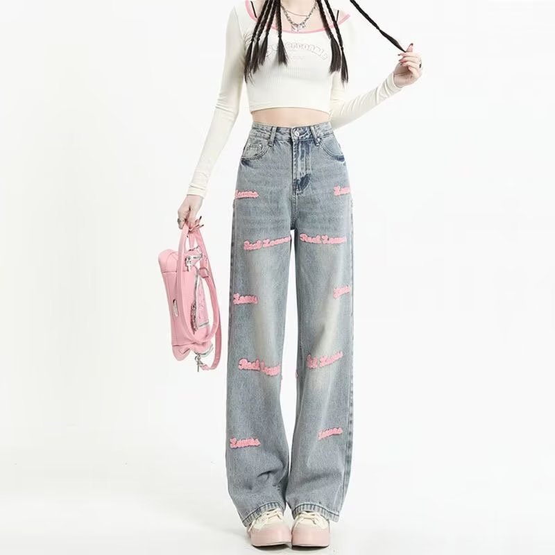 Letter Embroidered Straight Jeans Design