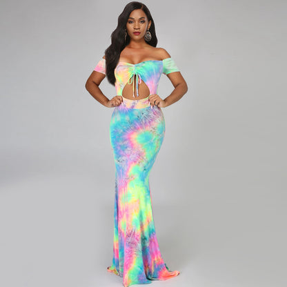 Off-shoulder Navel Tie-dyed Dress