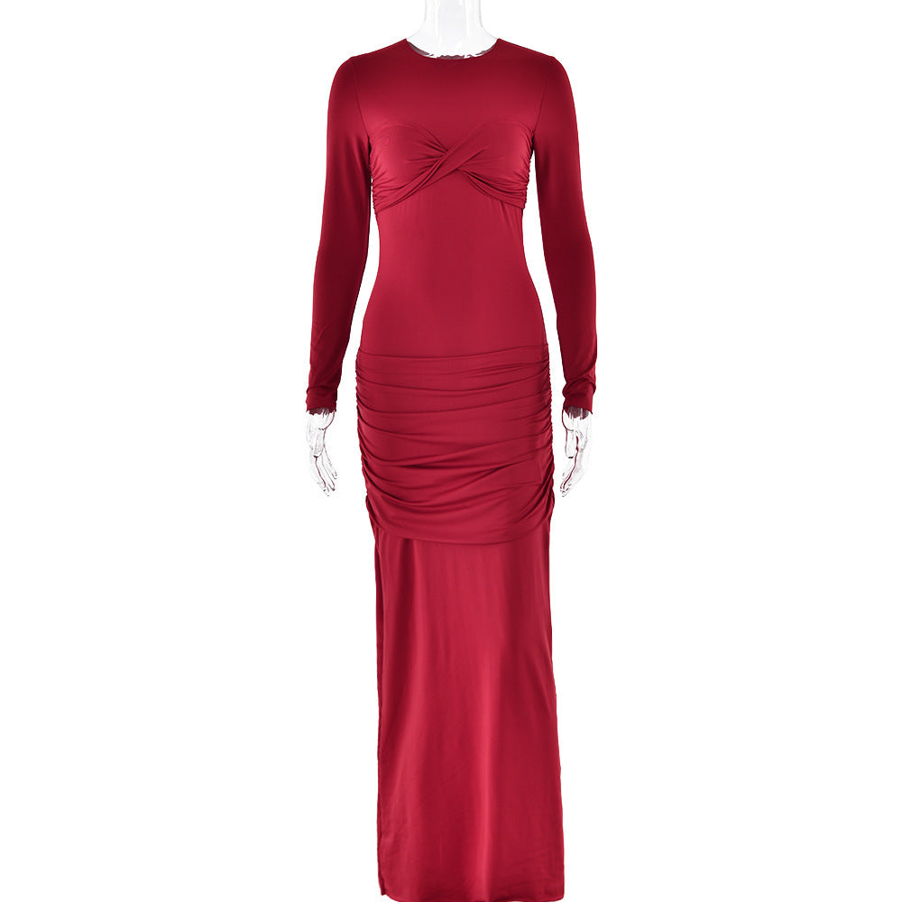 Slim Fit Round Neck Long Sleeves Pleated Tight-fitting Solid Color Long Dress