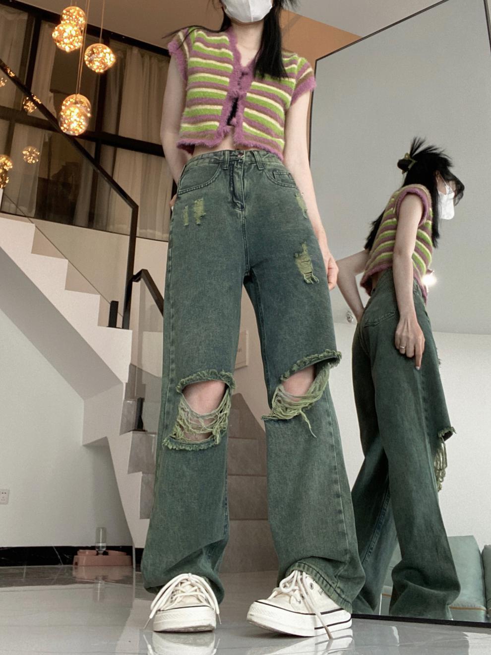 American Dark Green Torn Jeans With Wide Leg Pants For Women