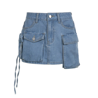 Contrast Washing Tooling Denim Skirt