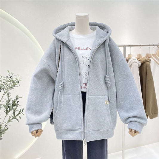 Women's White Fleece-lined Cardigan Sweater Hooded Coat