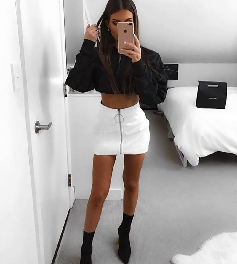 Ring Zipper Short Skirt Bright Leather PU Slim Skirt