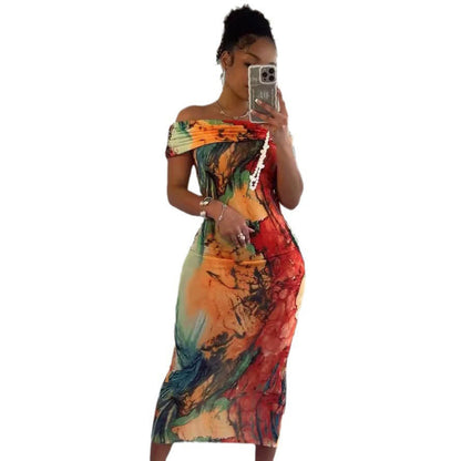 Off-shoulder Printed Sleeveless Elastic Hip Dress