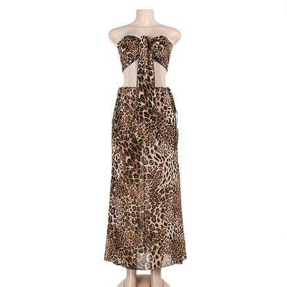 Sexy Two-piece Suit Leopard Print Tube Top Mid-length Dress Set