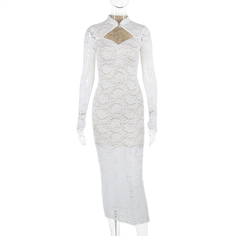 Socialite Style Gentle Lady Lace Long Dress Style Hollow Small Stand Collar