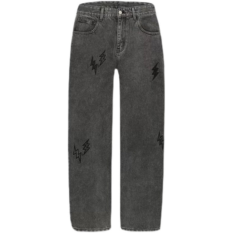 Lightning Embroidered Straight Loose Distressed Jeans For Men