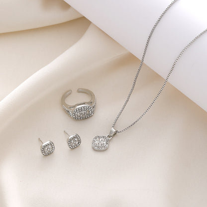 Diamond Geometric Necklace Ring Earrings 3-piece Set