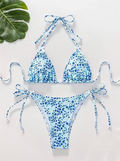 Women Printed Lace-up Bikini Split Swimsuit Swimwear