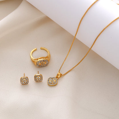 Diamond Geometric Necklace Ring Earrings 3-piece Set