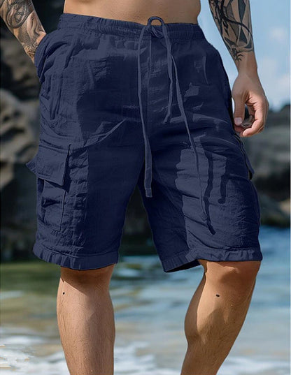 Cotton Linen Shorts Drawstring Elastic Waist Straight Leg Solid Color Breathable Beach Shorts