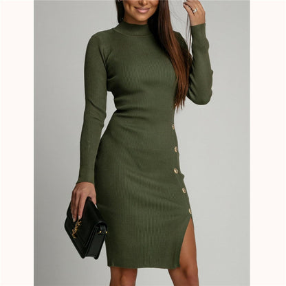 Women's Solid Color Buttons Long Sleeve Sunken Stripe Elegant Graceful Dress