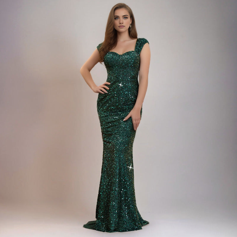 Solid Color And V-neck Sequin Sling High Waist Evening Dress